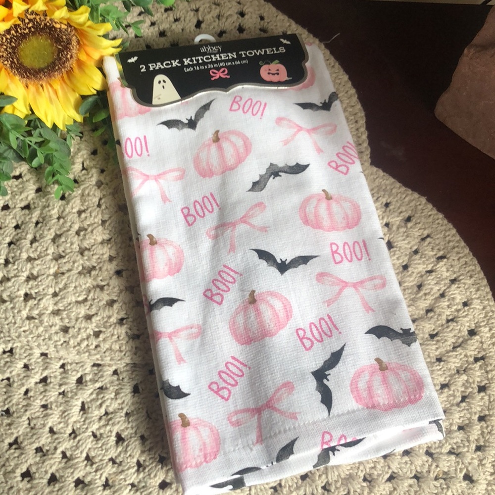 Pink Pumpkin & Bat Print Halloween BOO Kitchen Towels - Picture 6 of 6